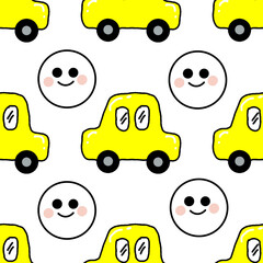 Cartoons seamless yellow cars and smile emoji repeat pattern background illustrations. 
