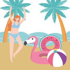 summer time woman with flamingo float ball palm trees sea beach vacation tourism