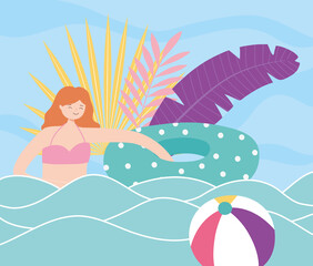summer time girl with float in sea with ball beach vacation tourism