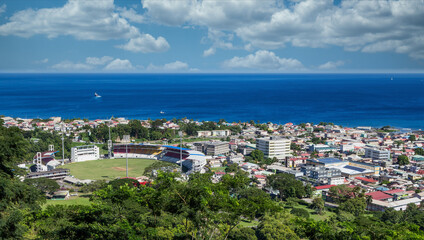 Fototapeta na wymiar Colorful buildings in the coastal Caribbean town of Rosseau Dominica