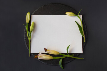 White clean white textured banner paper card without massage with fresh spring buds of lily flowers on a round slate on a black background. Top view. Space for text.