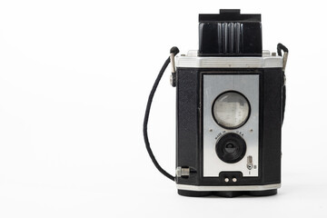 Vintage amateur film camera isolated on a white background with room for copy to the left