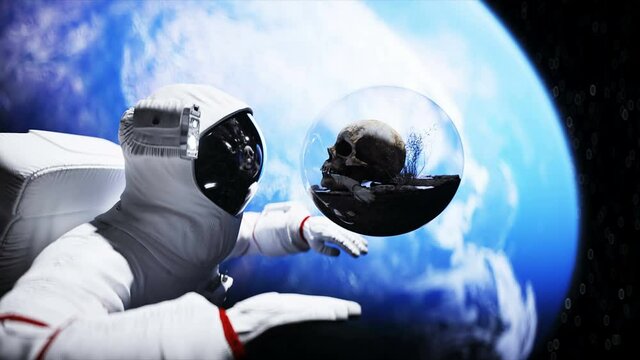 Astronaut and human skull in outer space in glass sphere. Apocalypse concept. 3d rendering.