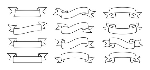Ribbon line set. Tape blank flat collection, decorative contour icons. Vintage outline design, ribbons sign style. Web icon kit of text banner tapes. Isolated vector illustration