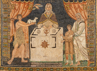 RAVENNA, ITALY - JANUARY 29, 2020: The mosaic panel of Abraham, Abel and Melchizedek in church...
