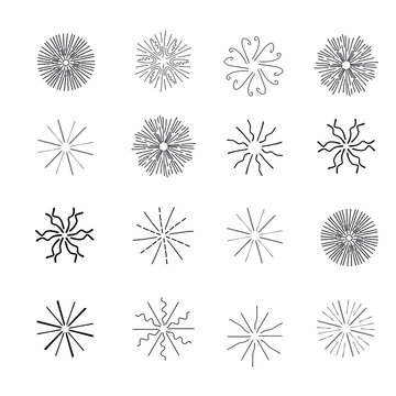 Set, collection of vintage sunburst, explosion doodles isolated on white background EPS Vector Abstract