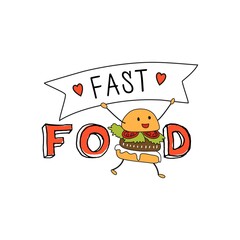 1Fast food. Lettering with a cheerful burger and hearts.