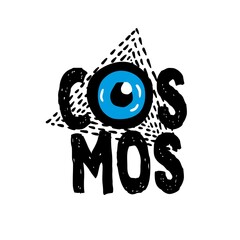 Cosmos. Lettering with a triangle and a blue eye.