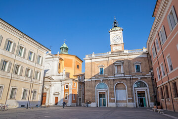 Fototapeta na wymiar Ravenna - The square Piazza del Popolo, and church Chiesa di Santa Maria del Suffragio.