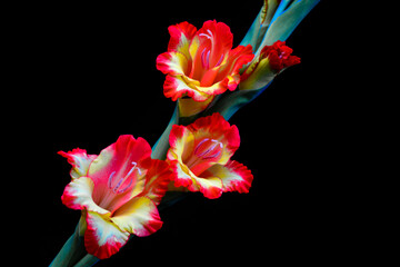 Three blossoms of hardy gladiolus in a row in a single stem with black background 