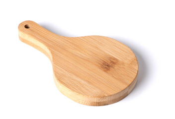 Small bamboo round kitchen cutting board isolated on a white background.