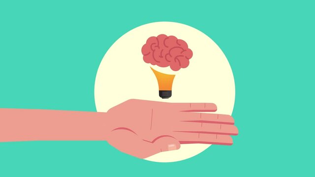 Human hands holding brain and light bulb icon