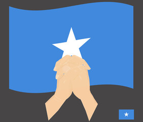 Praying hands with Somalia National Flag, Pray for Somalia, Save Somali People concept, cartoon graphic, sign symbol background, vector illustration.
