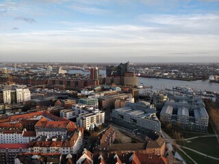 Fototapeta premium Skyline of the city of Hamburg viewed from the observation platform of The St. Michael's Church