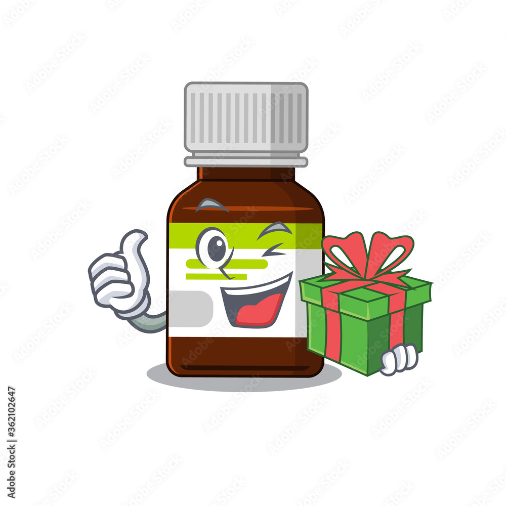 Poster joyful antibiotic bottle cartoon character with a big gift box