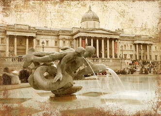 Vintage style picture of fountain on the Trafalgar Square with National Gallery behind, London.