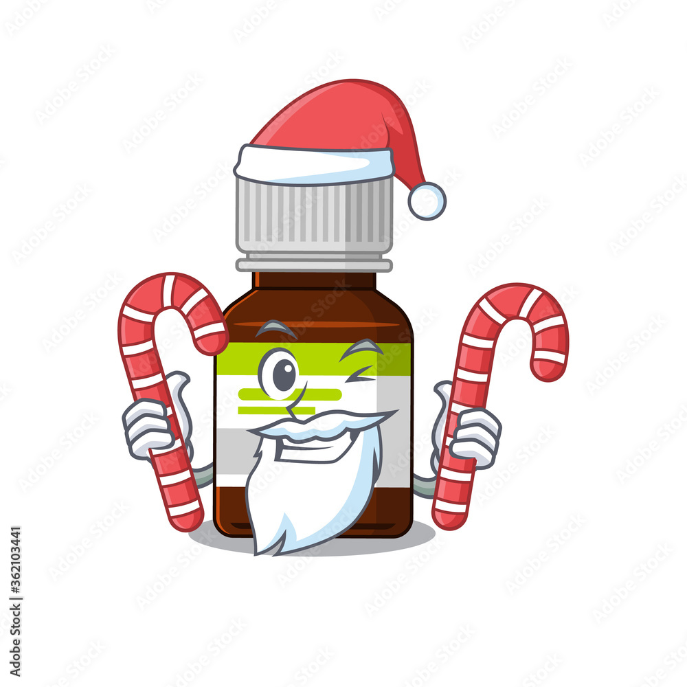 Poster Friendly antibiotic bottle dressed in Santa Cartoon character with Christmas candies