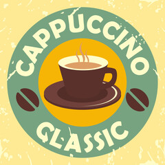 cup of coffee with coffee beans for coffee shop vintage poster. vector illustration
