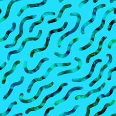 Watercolor green stripes on blue background. Seamless pattern. Watercolor stock illustration. Sweet jelly candy worms. Diagonal stripes. Design for backgrounds, wallpapers, covers, textile, packaging
