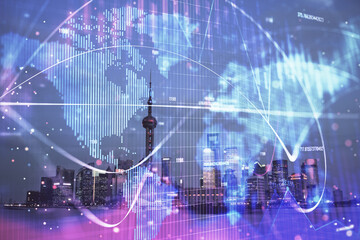 Double exposure of business theme hologram drawing and city veiw background. Concept of success.