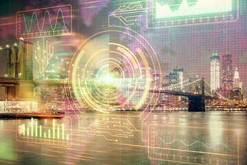 Data theme hologram drawing on city view with skyscrapers background multi exposure. Ai concept.