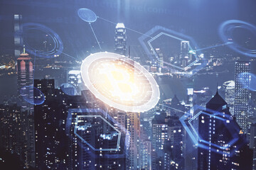 Multi exposure of cryptocurrency theme hologram drawing and city veiw background. Concept of blockchain and bitcoin.