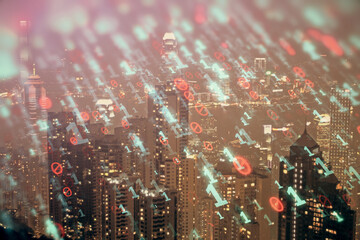 Data theme hologram drawing on city view with skyscrapers background double exposure. Ai concept.