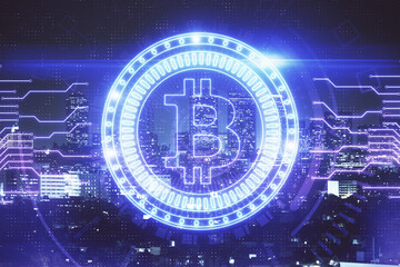 Multi exposure of cryptocurrency theme hologram drawing and city veiw background. Concept of blockchain and bitcoin.