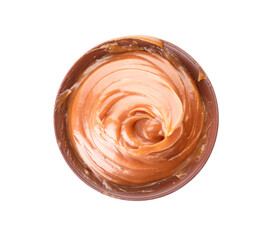 Bowl with liquid caramel on white background