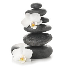 Spa stones and flowers on white background