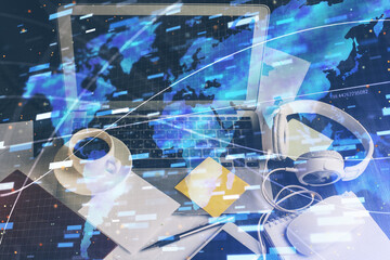 Double exposure of desktop with computer on background and tech theme drawing. Concept of big data.