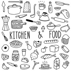 hand drawn kitchen and food doodles