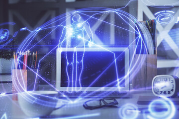 Desktop computer background and education theme drawing. Double exposure. Study concept.