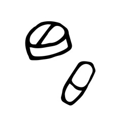 two pills round and capsule in doodle