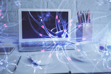 Desktop computer background and neuron drawing. Double exposure. Education concept.