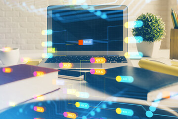 Multi exposure of desktop with personal computer and tech theme drawing. Concept of Bigdata.