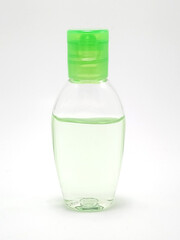 Clear liquid hand sanitizer in plastic bottle
