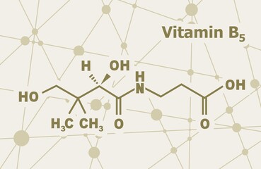 Pantothenic acid or vitamin B5 structural chemical formula. Connected lines with dots background.