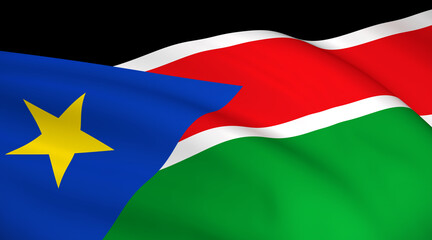 South Sudan National Flag (South Sudanese flag) - Waving background illustration. Highly detailed realistic 3D rendering