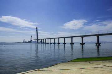 The gigantic grand bridge and beautiful skyline panorama.