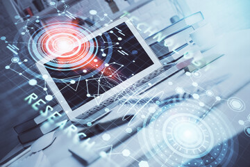 Technology theme drawing and work space with computer. Double exposure. Concept of innovation.