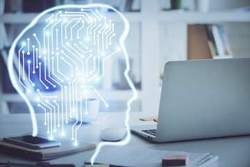 Double exposure of work table with computer and brain sketch hologram. Brainstorming concept.