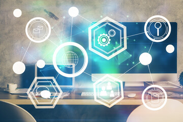 Computer on desktop with social network theme icon. Multi exposure. Concept of international connections.