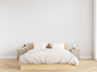Minimal bedroom wall mock up with wooden side table on wooden floor. 3d illustration.