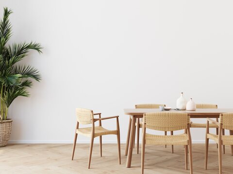 Dining Room Wall Mock Up With Areca Palm, Rattan Dining Set, Wooden Table On Wooden Floor. 3d Illustration.