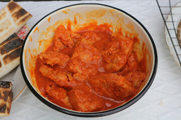 Vegetarian soy cuts in tomato sauce.