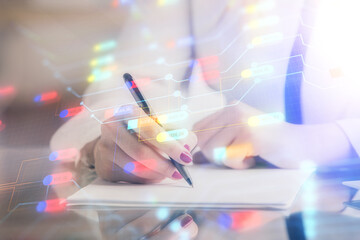 Multi exposure of woman's writing hand on background with data technology hud. Big data concept.
