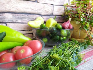 Food still life on the kitchen table pepper tomatoes cucumbers cherry plum garlic dill herbs grape leaves