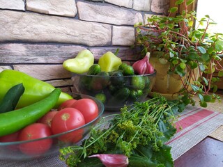 Food still life on the kitchen table pepper tomatoes cucumbers cherry plum garlic dill herbs grape leaves