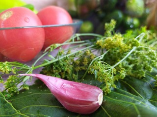 Food still life on the kitchen table pepper tomatoes cucumbers cherry plum garlic dill herbs grape leaves